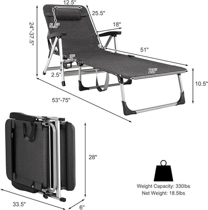 GYMAX Lounge Chair Outdoor, Chaise Lounger w/Adjustable Backrest, Cup Holder & Carry Handle, Folding Portable Tanning Layout Chair, Beach Sunbath Chair for Patio, Poolside, Lawn (1, Grey)