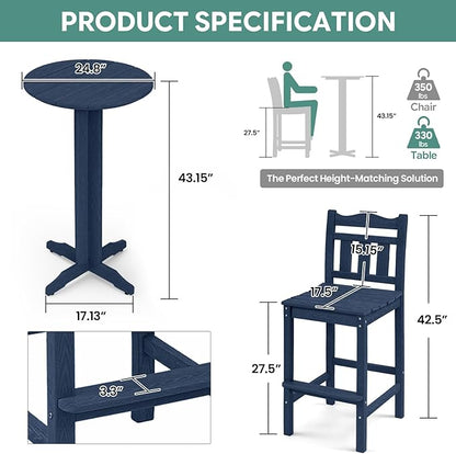 Outdoor Round Bar Table, 43 Inch All-Weather HDPE Bar Height Pub Table with Adjustable Feet, Heavy Duty High Top Bistro Table for Garden, Deck, Poolside,Backyard (Navy Blue)