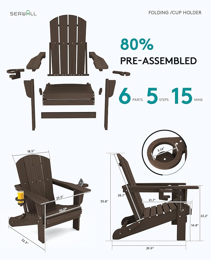 SERWALL Adirondack Chair with Cup Holders - Composite Adirondack Chairs Set of 8 HDPE Outdoor Chairs All Weather Use - Photo 4