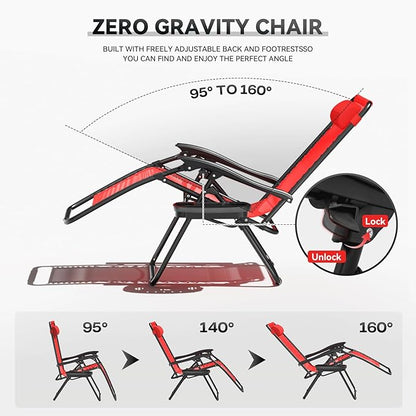 Zero Gravity Chair, Portable Outdoor Chair, Reclining Patio Lounge Chair with Adjustable Pillow and Cup Holder Trays for Outdoor, Patio, Beach, Camping, Garden, Poolside, Red