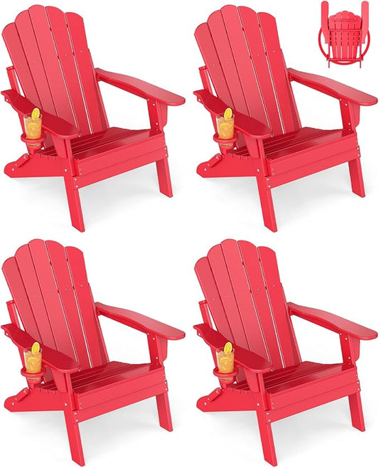 GREENVINES Oversized-Folding-Adirondack-Chairs-Set-of-4 | HDPE Plastic | Cup Holder | Fire Pit Chair | All Weather | for Outdoor Deck Backyard | Red