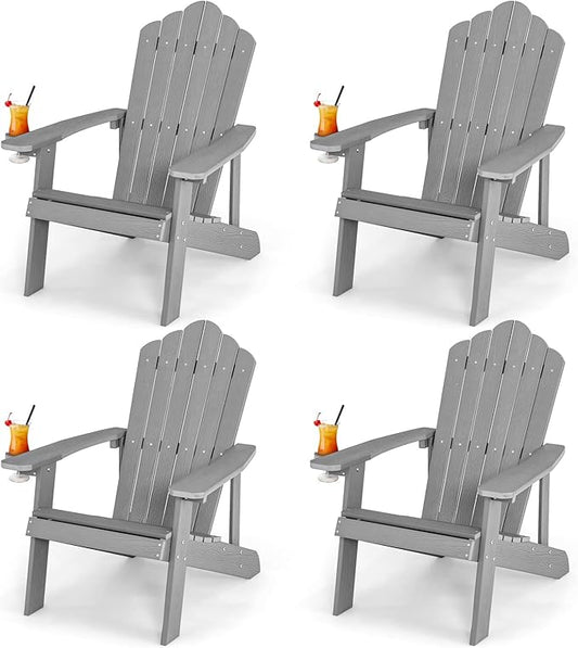 Giantex Outdoor Adirondack Chair - Oversized Patio Chairs w/Hidden Cup Holder, Realistic Wood Grain, 380 LBS Weight Capacity, Weather Resistant Firepit Chairs for Backyard, Garden (4, Light Grey)