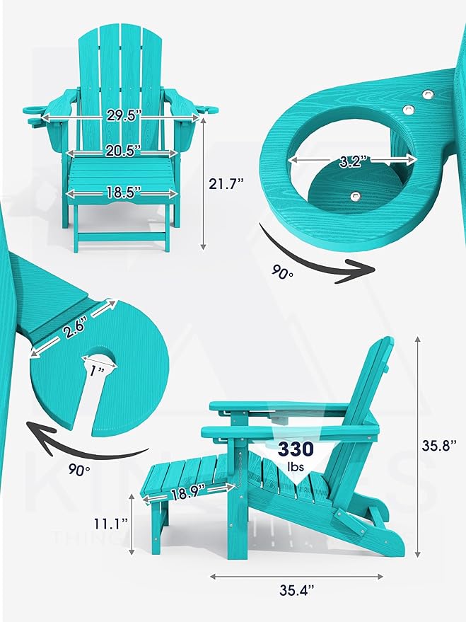 KINGYES Folding Adjustable Adirondack Chair with Retractable Ottoman Set of 6, HDPE All Weather Chair with Cup Holder - Recliner Adirondack Chair, Aruba