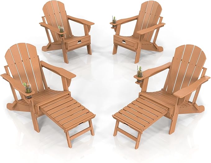 VINGLI Folding Adirondack Chair Set of 4 with Ottoman, Waterproof Plastic HDPE Firepit Chair for Outside with Hidden Footrests, Foldable Ergonomics Seating for Patio Porch Yard Garden(Teak)