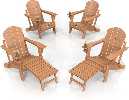 VINGLI Folding Adirondack Chair Set of 4 with Ottoman, Waterproof Plastic HDPE Firepit Chair for Outside with Hidden Footrests, Foldable Ergonomics Seating for Patio Porch Yard Garden(Teak)