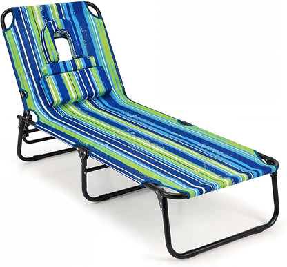 COSTWAY Tanning Chair with Face Hole, Pillows & Adjustable Backrest, Folding Chaise Lounge for Sunbathing, Beach, Seaside (1, Blue & Green)