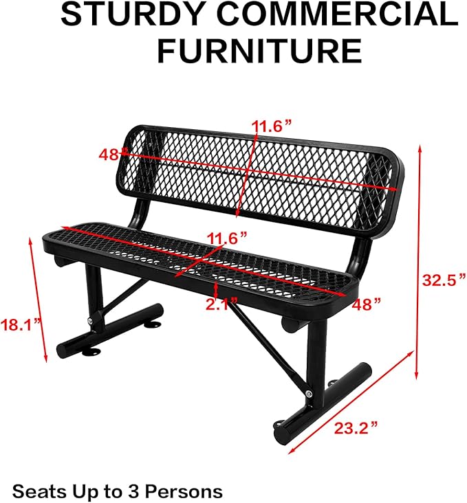 4 Ft Metal Park Bench for Outside, All-Weather Thermoplastic Coating Outdoor Bench with Backrest, Commercial Heavy Duty Benches for Shopping Malls, Stores, Parks, Patios, Decks, Black