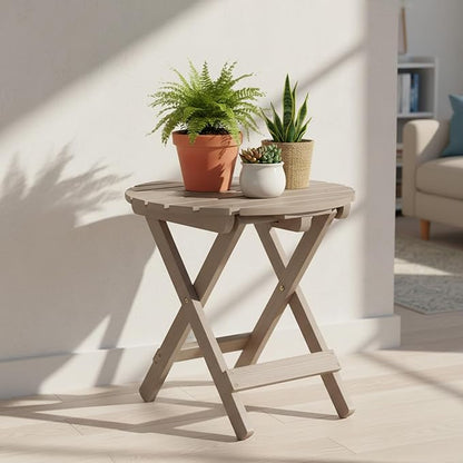 Shine Company Round Wooden Folding Solid Wood Side Table, Outdoor Adirondack Small Patio Table, Graystone