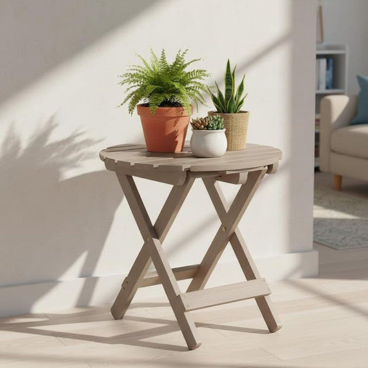 Shine Company Round Wooden Folding Solid Wood Side Table, Outdoor Adirondack Small Patio Table, Graystone