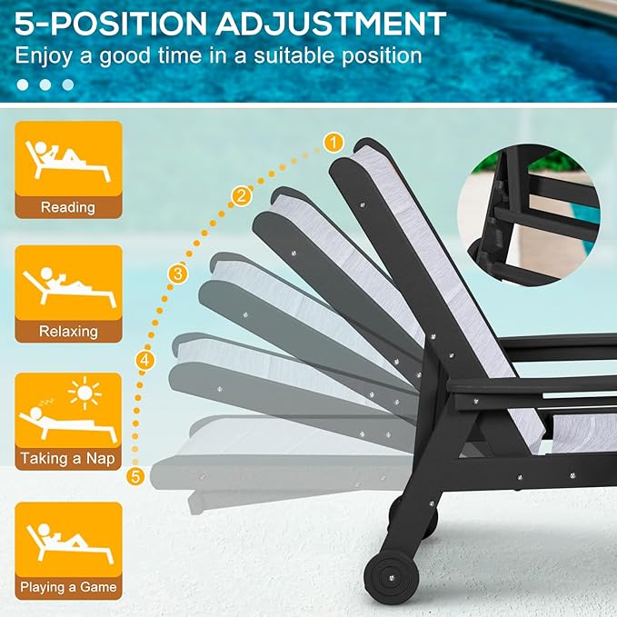 Outdoor Chaise Lounge Chair with Textilene Surface, 5-Position Adjustable Patio Lounge Chair with Wheels & Cup Holder, HDPE Pool Lounge Chair for Outside, Poolside & Beach (Black+White, 1)