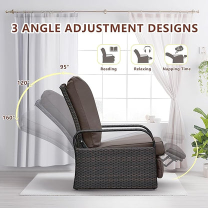 ATR ART TO REAL Outdoor Recliner, Outdoor Wicker Recliner Chair with 5.5'' Thickness Cushions, Automatic Adjustable Rattan Patio Chaise Lounge Chairs, Aluminum Frame, Anti-UV and Rustless (Dark Brown)