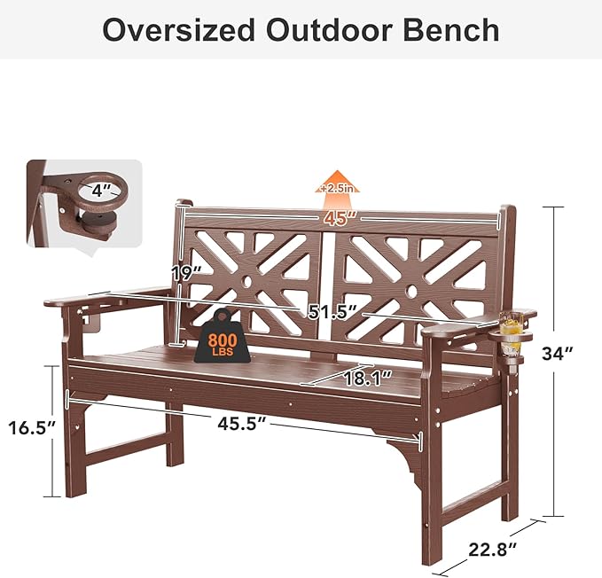 Oversized Outdoor Bench Set of 2, 51.5” HDPE Aesthetic Garden Bench with Cup Holders, Memorial Benches - Easy Assembly & All Weather, for Porch & Patio, 800lbs Load Capacity (Brown)