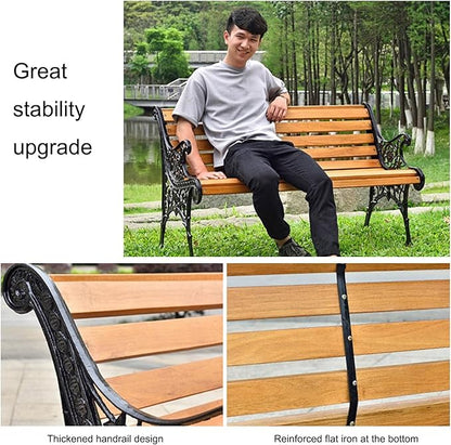 Garden Bench, Cast Iron Metal Frame Patio Park Bench, Wrought Iron Bench with Backrest and Armrests, Patio Bench with Wood Seat, Outside Furniture Decor, for Lawn, Park, Deck(Brown)