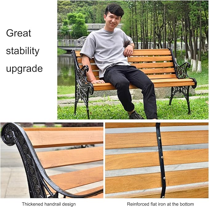 Garden Bench, Cast Iron Metal Frame Patio Park Bench, Wrought Iron Bench with Backrest and Armrests, Patio Bench with Wood Seat, Outside Furniture Decor, for Lawn, Park, Deck(Yellow)
