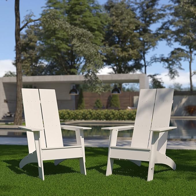Flash Furniture Set of 2 Sawyer Modern 2-Slat Back Adirondack Chairs - White All-Weather Poly Resin Lounge Chairs