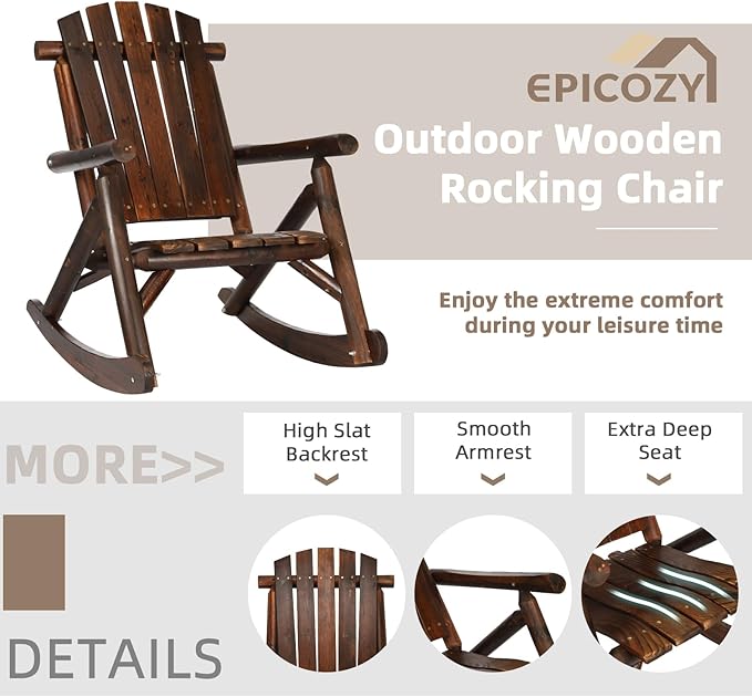 Outdoor Wooden Rocking Chair, Patio Rustic Adirondack Porch Rocker, All Weather Solid Wood Log Rocker Chair with High Back & Slatted Seat for Indoor, Backyard, Garden, Carbonized