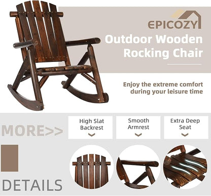 3-Piece Outdoor Wood Rocking Bistro Set, Rustic Adirondack Rocker Chair Set with High Back & Slatted Seat and Side Table, Patio Wooden Conversation Set for Indoor Deck Garden Porch, Carbonized