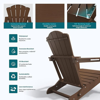 Folding Adirondack Chair Set of 4,HDPE All-Weather Outdoor Chair with Cup Holder,Wooden Textured,Fire Pit Chair,Plastic Patio Chair for Deck,Backyard,Garden,Lawn(Brown)