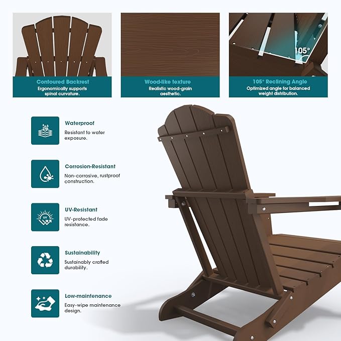 Folding Adirondack Chair Set of 2, HDPE All-Weather Outdoor Chair with Cup Holder, Wooden Textured, Fire Pit Chair - Photo 6