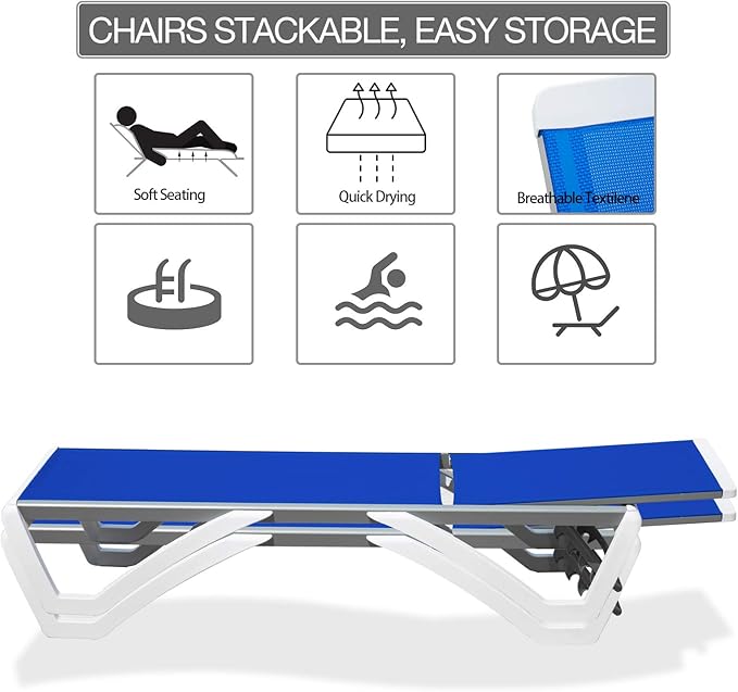 Domi Outdoor Chaise Lounges, Adjustable Aluminum Patio Lounges, Plastic Pool Lounge Chairs for Deck Lawn Backyard(2 Blue Lounges W/Table)