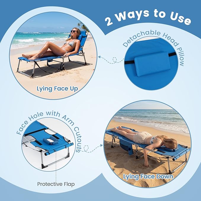 Goplus Tanning Chair with Face Arm Holes, Portable Sunbathing Chair w/4-Level Backrest, Head Pillow - Photo 4