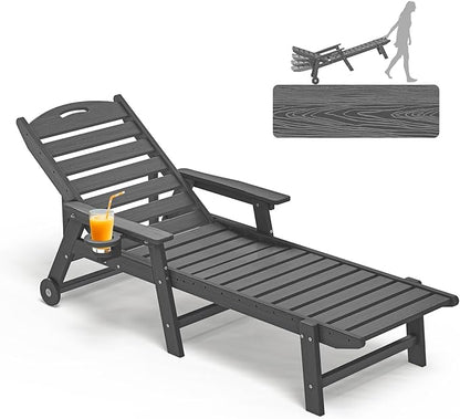Plawdlik Oversized Patio Chaise Lounge, 5 Positions Adjustable HDPE Outdoor Lounge Chair with Rolling Wheels & Cup Holder,All-Weather for Poolside, Beach, Garden - Gray
