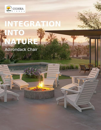 Ciokea Folding Adirondack Chair Set of 4 with Retractable Ottoman Fire Pit Patio Chair with Pull Out Foot Rest Weather Resistant Lawn Outdoor Chair with 2 Cup Holder (White)