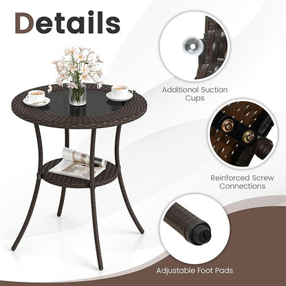 Giantex Round Rattan Wicker Outdoor Coffee Table Glass Top Steel Frame Patio Furniture W/Lower Shelf (Round)
