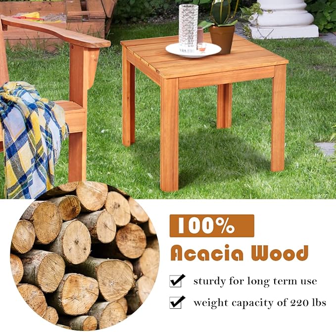 18” Square Patio Table, Acacia Wood Adirondack Side Table, Outdoor End Table, Coffee Table Composite Table for Garden, Backyard, Pool & Balcony, Teak Oil Finished