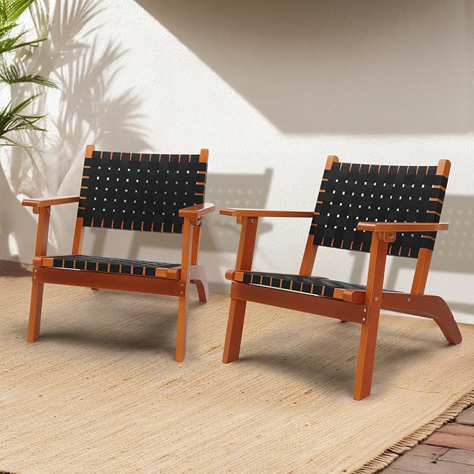 VINGLI Outdoor Armchair, All-Weather Wooden Patio Chair with Waterproof PE Woven Fabric, Adirondack Chair for Garden, Lawn and Poolside (2, Black and Brown)