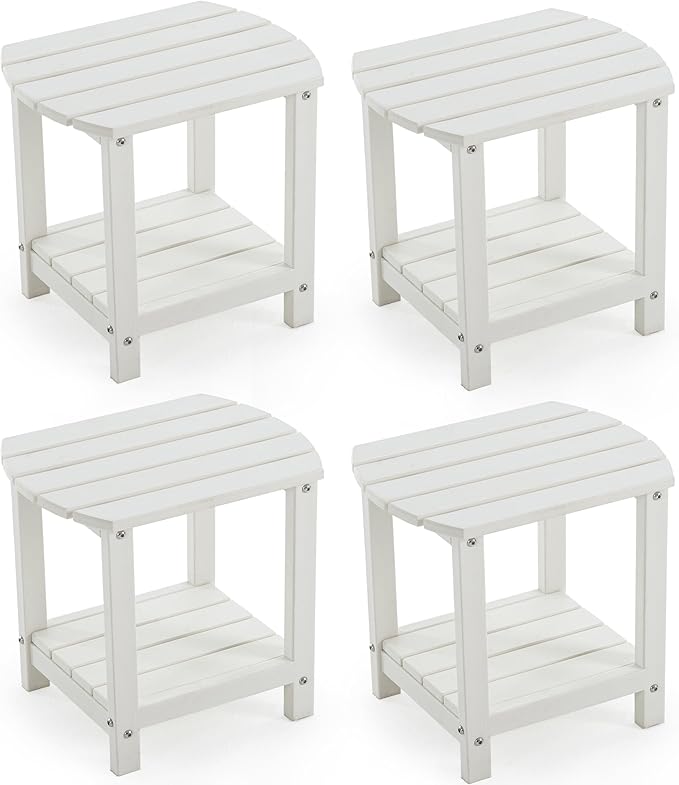 Adirondack Small Outdoor Side Table - Weatherproof HDPE Patio End Table with 2-Tier Storage for Firepit, Balcony, Garden, Poolside or Bathroom (White, Set of 4)