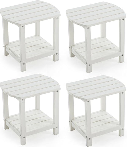 Adirondack Small Outdoor Side Table - Weatherproof HDPE Patio End Table with 2-Tier Storage for Firepit, Balcony, Garden, Poolside or Bathroom (White, Set of 4)