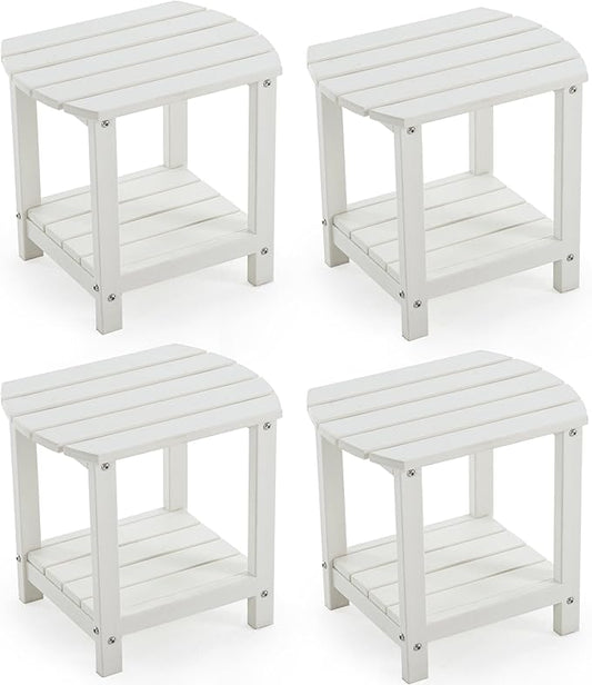 Adirondack Small Outdoor Side Table - Weatherproof HDPE Patio End Table with 2-Tier Storage for Firepit, Balcony, Garden, Poolside or Bathroom (White, Set of 4)