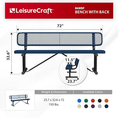 Leisure Craft Metal Outdoor Bench with Back - 6 Foot Heavy Duty Bench Seating for Garden, Porch, Picnic, Park, Expanded Metal, Thermoplastic Coating, Commercial Grade Furniture Made in USA - Navy