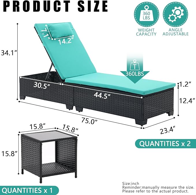 3 PCS Patio Chaise Lounge with Coffee Table Cushion&Pillow Outdoor Lounge Chair Chaise Lounger Patio Reclining Chair 5 Angle Adjustment Black PE Rattan for Courtyards Poolside Garden (Green)