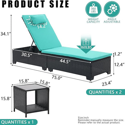 3 PCS Patio Chaise Lounge with Coffee Table Cushion&Pillow Outdoor Lounge Chair Chaise Lounger Patio Reclining Chair 5 Angle Adjustment Black PE Rattan for Courtyards Poolside Garden (Green)