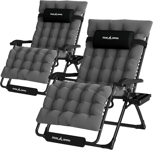 UDPATIO Oversized Zero Gravity Chair Set of 2, 33In XXL Patio Reclining Chair with Cushion, Outdoor Folding Recliner with Pillows|Cup Holder|Foot Rest|Padded Headrest, Dark Grey, Support 502LB