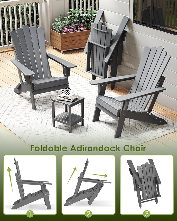 GREENVINES Folding-Adirondack-Chairs-Set-of-4 | HDPE Plastic | Throne Series | Fire Pit Chair | All Weather | for Outdoor Patio Deck Backyard Poolside | Grey