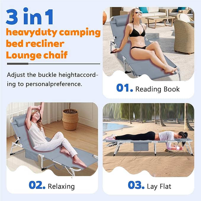 3-in-1 Heavy Duty Tanning Chair with Face Hole Adjustable 5-Position Folding Chaise Lounge Chairs Portable Lay Flat Beach Lounge Chair for Outdoor Sunbathing Patio Pool Lawn Camping Deck (Gray)
