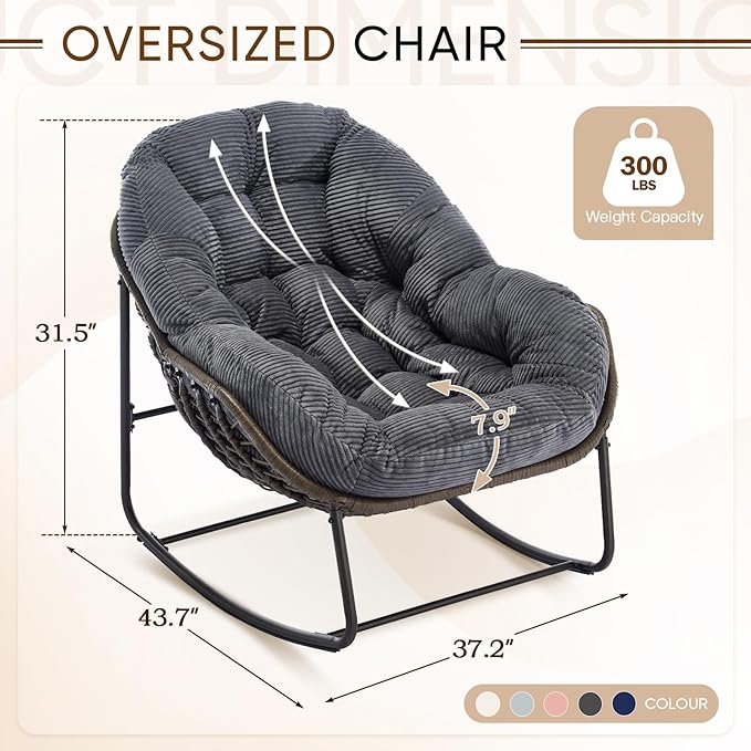 Large Indoor Rocking Chair Set of 2, Oversized Rocking Papasan Chair with Thick Cushion and Frame,Comfy Corduroy Rocker Wicker Egg Chairs Lounge Reading Chair for Living Room, Bedroom,Charcoal Grey