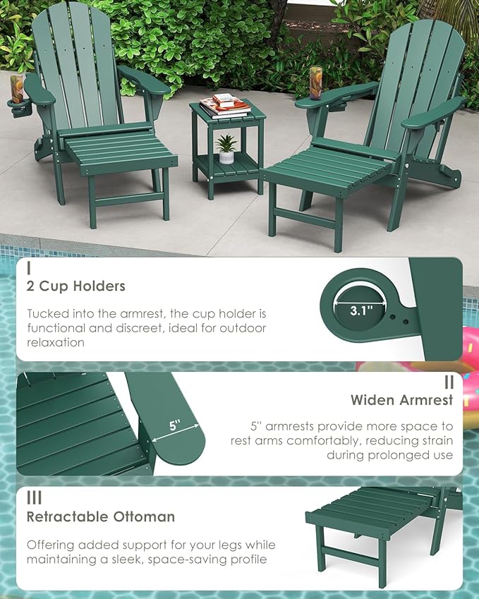 GREENVINES Adjustable Adirondack Chair with Retractable Ottoman Set of 2 | Folding | HDPE Plastic - Photo 7