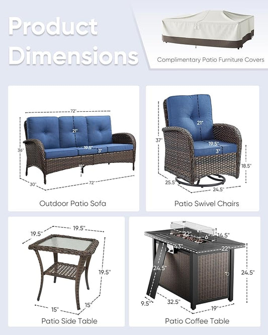 5 Pieces Patio Furniture Set with Fire Pit Table-All Weather Rattan Wicker Outdoor Couch with Outdoor Swivel Chair Outdoor Furniture for Deck Porch Garden Balcony Poolside-Brown/Blue