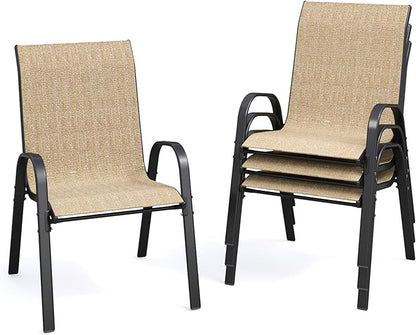 Patio Dining Chairs Set of 4, Outdoor High Stacking Chairs for All Weather, Breathable Seat Fabric and Alloy Steel Frame for Backyard, Porch, Garden (Brown)