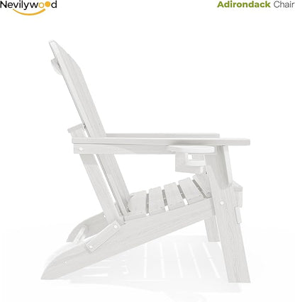 nevilywood Folding Adirondack Chair with Cup Holder Set of 4, HDPE Patio Chairs,All-Weather Outdoor Chairs for Backyard, Deck,Fire Pit-White