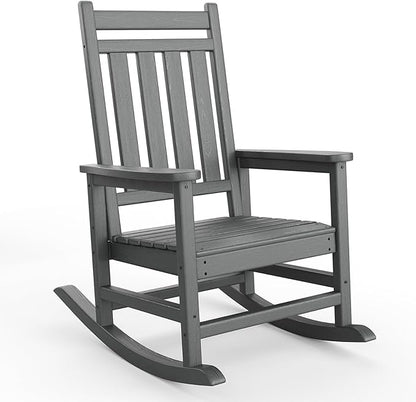 HDPE Rocking Chair Outdoor- Poly High Back Porch Rocker Chairs for Adults - All Weather Resistant Furniture for Patio Front Porch - Gray