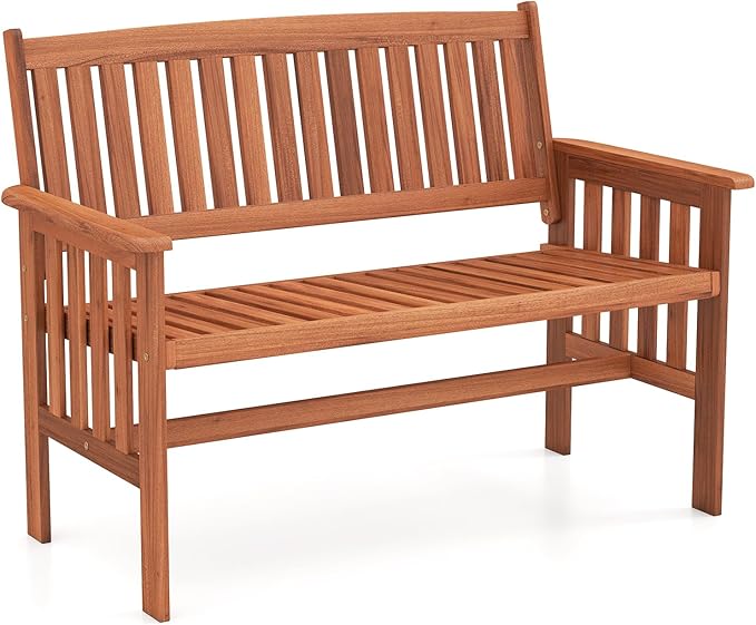 Tangkula Outdoor Wood Garden Bench, 2-Person Patio Park Bench with Backrest, Armrests and Slatted Seat - Photo 1