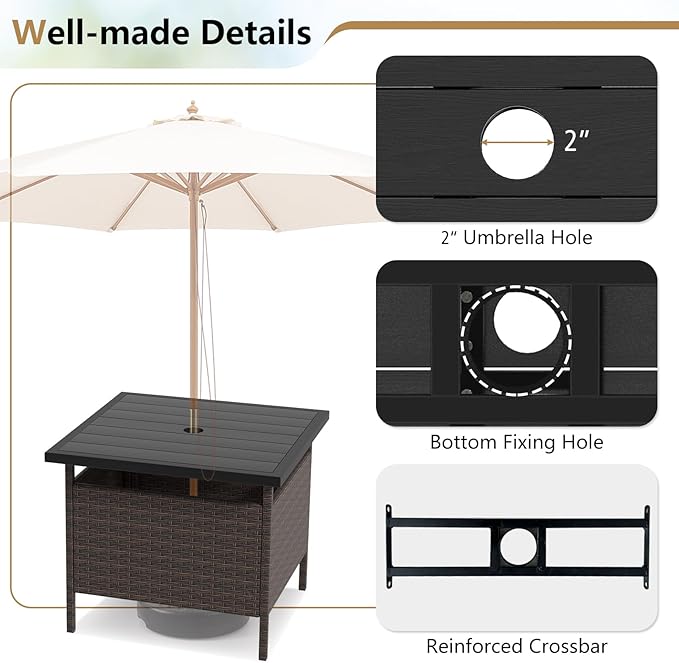 Giantex Umbrella Table, Outdoor Side Table with 2" Umbrella Hole, Rattan Umbrella Stand Holder, Heavy Duty Metal Frame, Patio Bistro Table for Deck Garden Poolside (HDPE Tabletop)
