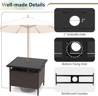 Giantex Umbrella Table, Outdoor Side Table with 2" Umbrella Hole, Rattan Umbrella Stand Holder, Heavy Duty Metal Frame, Patio Bistro Table for Deck Garden Poolside (HDPE Tabletop)