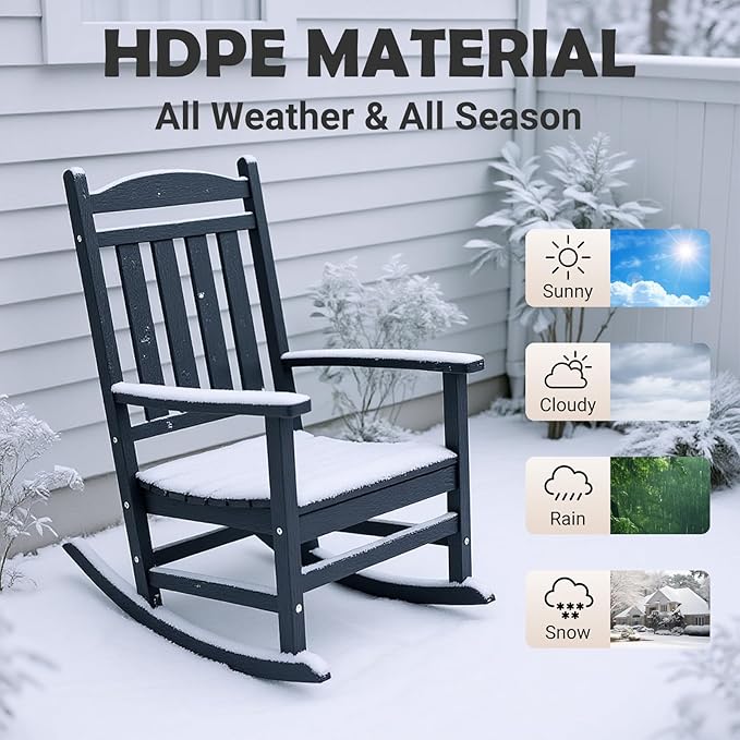 PROHIKER HDPE Rocking Chair, All Weather Plastic Rocking Chair with High Backrest, Outdoor Indoor Porch Rocker for Backyard, Balcony, Lawn, Garden, Black