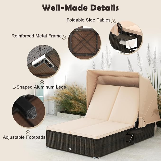 Tangkula Outdoor Rattan Daybed with Canopy & 6-Level Adjustable Backrests - Photo 8